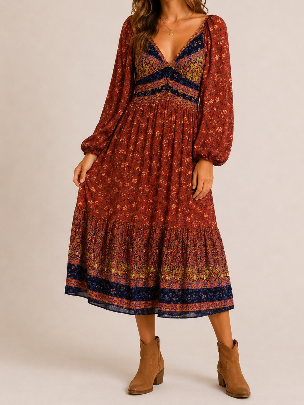 Angie Boho Feminine Rust Floral Patchwork Midi Dress Size M Festival Western